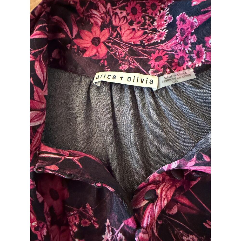 Alice & Olivia Black w/Pink Flowers Blouse Sheer Puff Sleeves - Large 395 - Picture 7 of 7